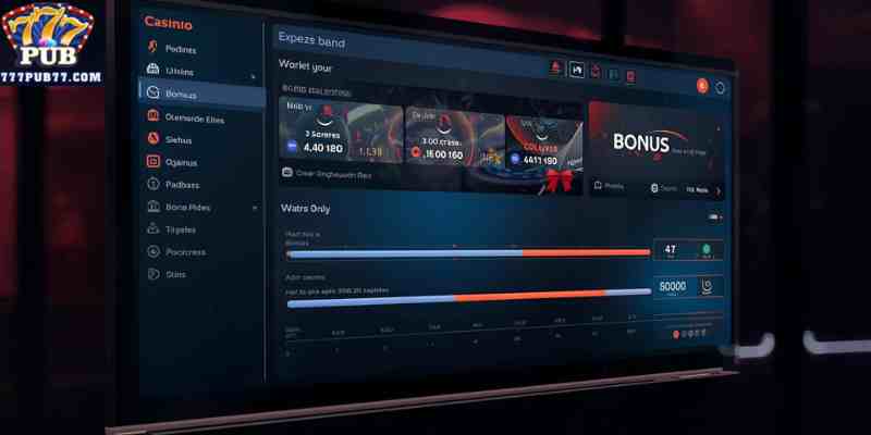 Casino dashboard displaying bonus balance and wagering progress tracking.